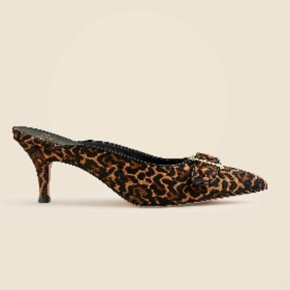 J Crew Made-in-Italy Colette buckle slip-on heels in leopard-print calf hair